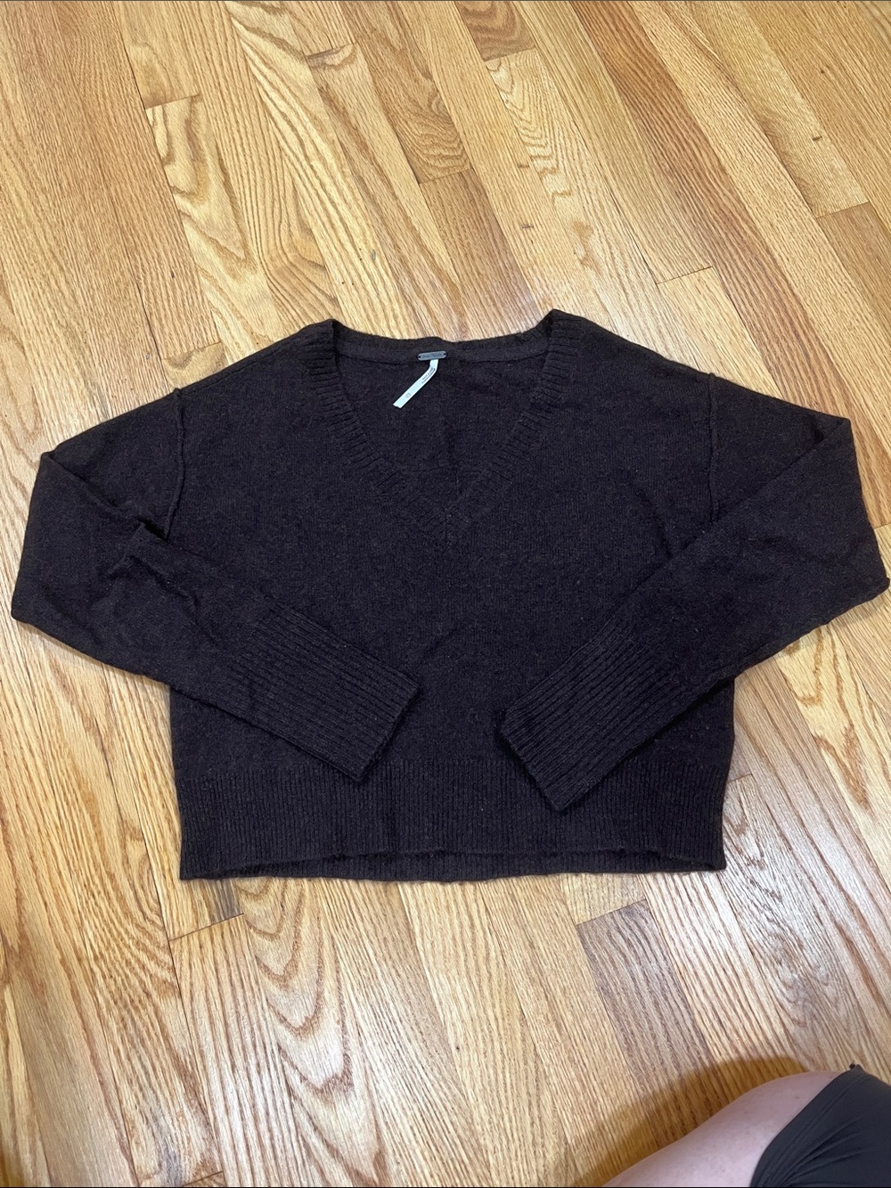 Free People Chocolate Brown V-Neck Cropped Sweater